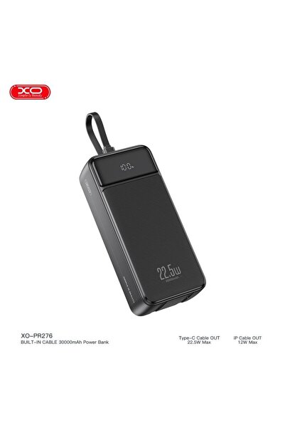 Xo 30000mAh 22.5W Hızlı Şarjlı Dijital Ekranlı Dahili Kablolu Siyah Powerbank