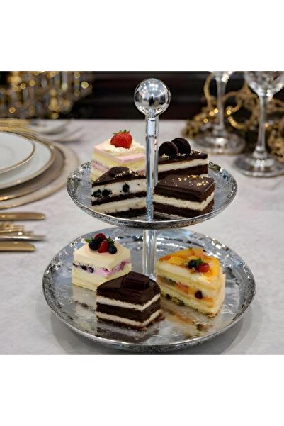 Generic Two-tiered steel serving platter with stand and top rack for added lu...