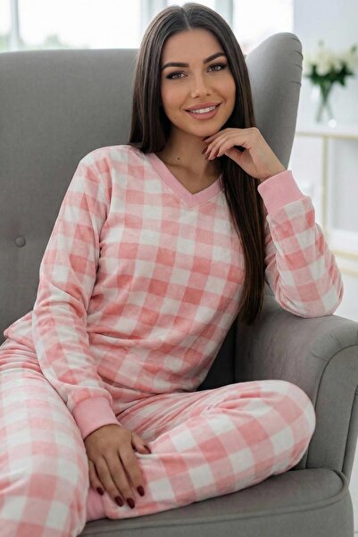 Pijamaevi Pink Plaid Patterned Veloura Soft Women's Pajama Set