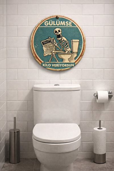 Fumor Gülümse Kilo Veriyorsun Yuvarlak Retro Banyo & WC Duvar Tablosu 20x20 cm