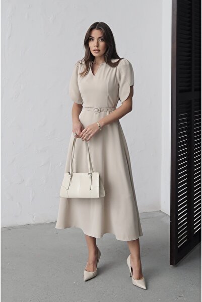 MAXXANA V-Neck Balloon Sleeve Belted Midi Dress