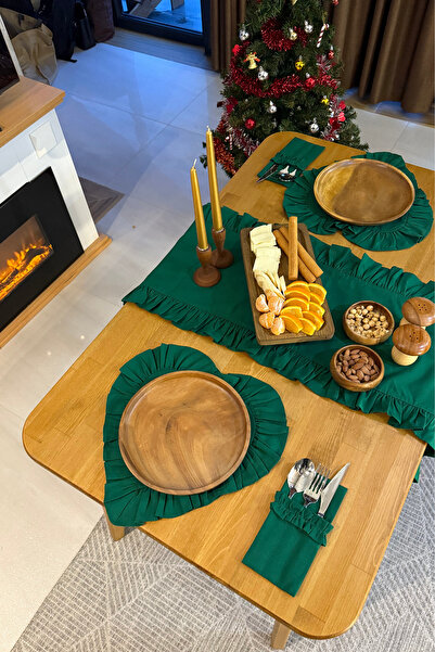 KaiHome Mossy Series Green Heart Ruffled Linen Placemat / American Service