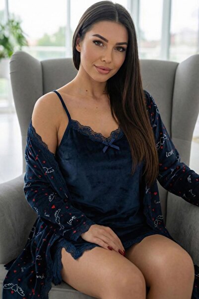 Pijamaevi Dark Navy Blue Love Exclusive Velvet Dressing Gown Nightgown Women'...