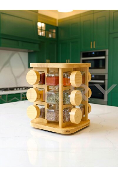 KRY Bambu 12’li Döner Baharatlık Standı – Dönen Baharat Organizer, Tezgah Üst...