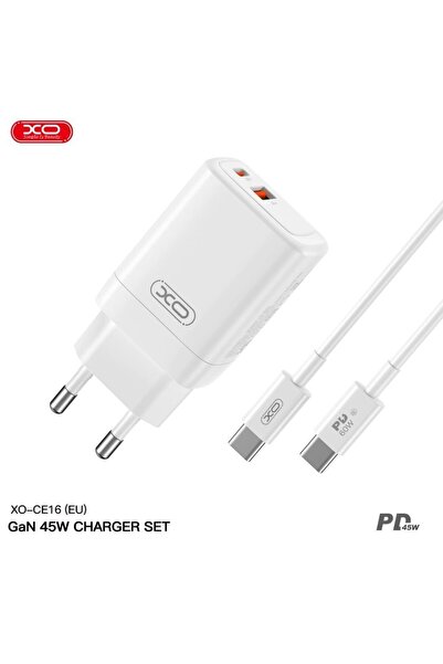 Xo CE16(EU) 45W PD Hızlı Şarj Adaptörü ve Type-C to Type-C Kablolu Şarj Aleti...