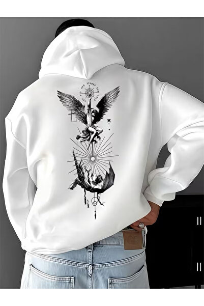 NEVERMIND Unisex White Oversized Hoodie Winged Figure Printed