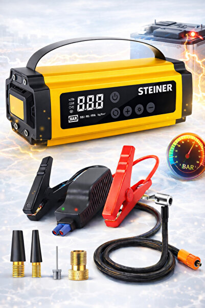 STEİNER S 12000 Mah Akü Takviye Cihazı + Lastik Şişirme Hava Kompresörü Lcd E...