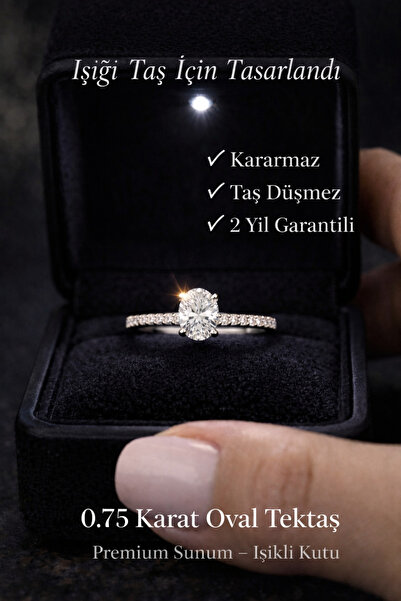 Laboratuvar Pırlantası Lp 14 ayar beyaz altın kaplama 0.75 karat oval tektaş ...