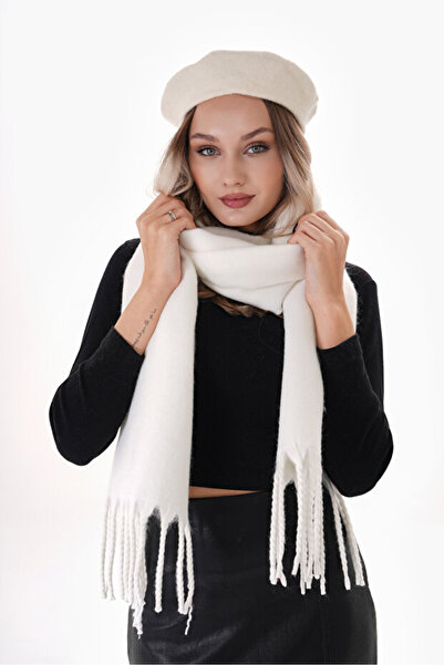 LEBS Beyaz Puffy Yumuşak Dokulu Kadın Atkı Şal Omuz Şalı