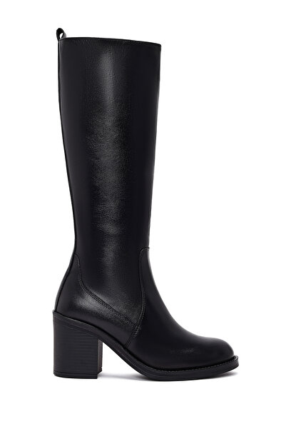 Derimod Women's Black Zippered Thick Heeled Leather Boots 25Wfd511918