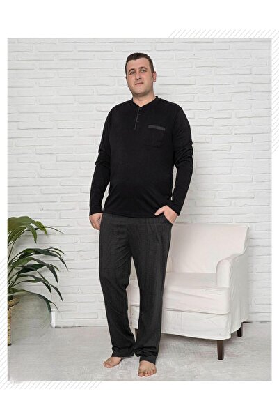 Pijamoni Men's Oversized Button Collar Combed Cotton Long Sleeve Pajama Set 6...