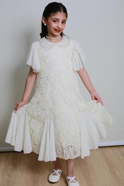 gmax Girls' dress with a classic collar and lace embroidery