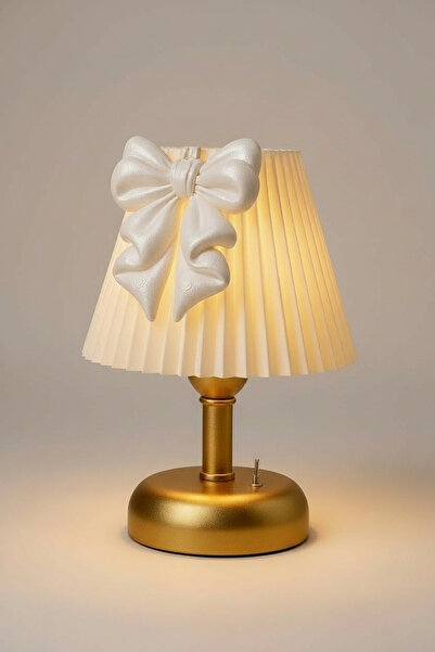 Bubihome Fiyonk Serisi Özel Tasarım Pilli Abajur Gold Gövde Beyaz Fiyonk Deta...