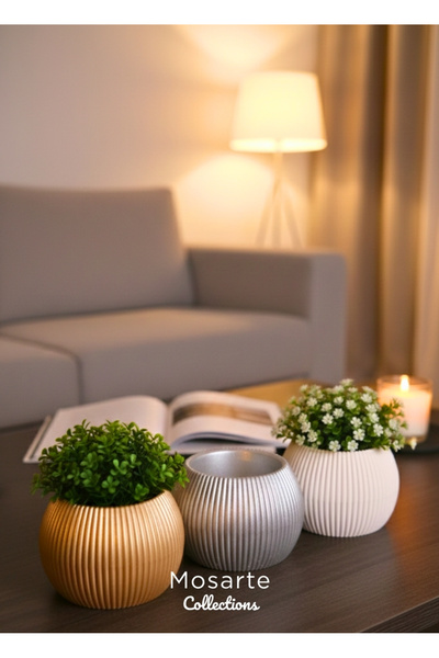 Mosarte مجموعة من 3 مزهريات / قطع ديكور بتصميم دائري محزز وعصري