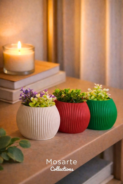 Mosarte Ribbed Modern Striped Round Design Vase / Decorative Object Set of 3 ...
