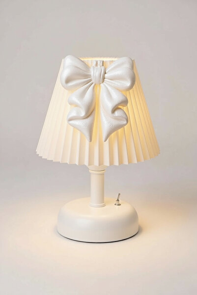 Bubihome Fiyonk Serisi Özel Tasarım Pilli Abajur Beyaz Gövde Beyaz Fiyonk Det...