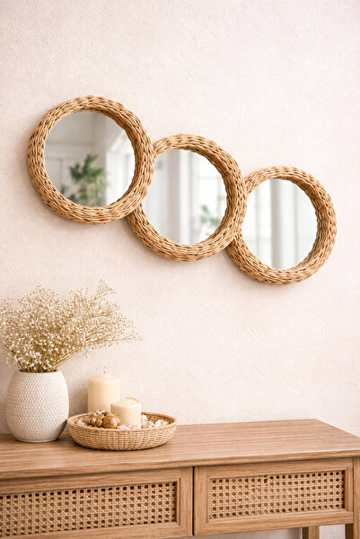REMO 3 lü Dekoratif Rattan Bambu Ahşap Ayna