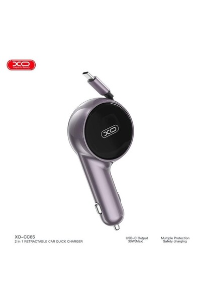 Xo CC65 60W Makaralı Araç Şarjı - Dahili Type-C Kablolu Çift Çıkışlı Hızlı Şarj