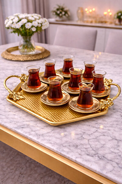 Generic Hexagonal gold serving tray with decorative handles made of reinforce...