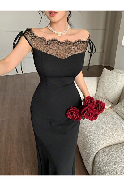 Mostpera Kadın Yakası Dantel Detaylı Kayık Yaka Görünümlü Maxi İthal Krep Elbise