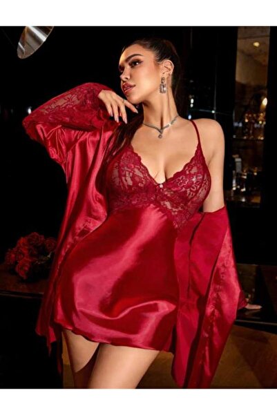 Aria's Closet Arias Closet Burgundy Lace Embroidered Thin Strap Satin 2-Piece...