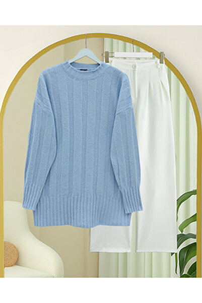Modamorfo Half-Throated Stripe Patterned Soft Knitwear Sweater - Baby Blue