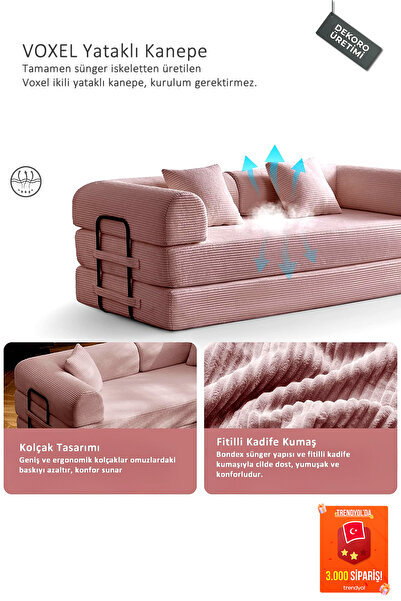 Dekoro Voxel 5in1 Akıllı Yataklı Kanepe, Fitilli Kadife, 50 DNS Bondex, Güçle...