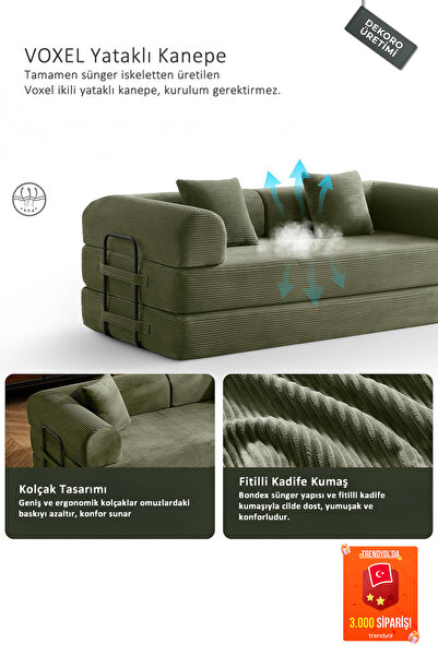 Dekoro Voxel 5in1 Akıllı Yataklı Kanepe, Fitilli Kadife, 50 DNS Bondex, Güçle...