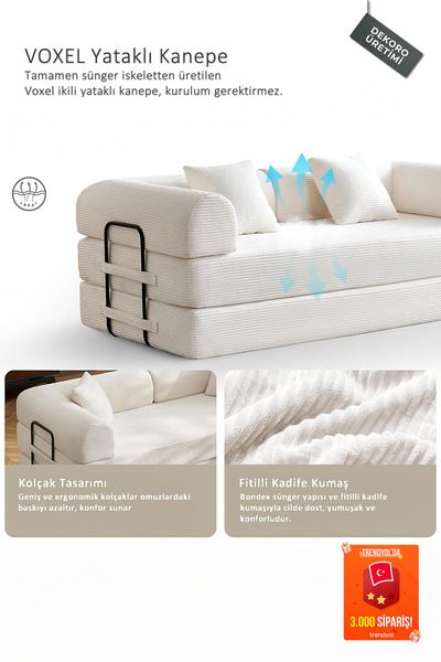 Dekoro Voxel 5in1 Akıllı Yataklı Kanepe, Fitilli Kadife, 50 DNS Bondex, Güçle...