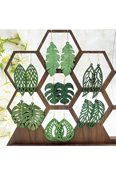 Choice سبعة أزواج من الأقراط الخشبية الخضراء المتدلية، بتصميم ريفي طبيعي، منا...