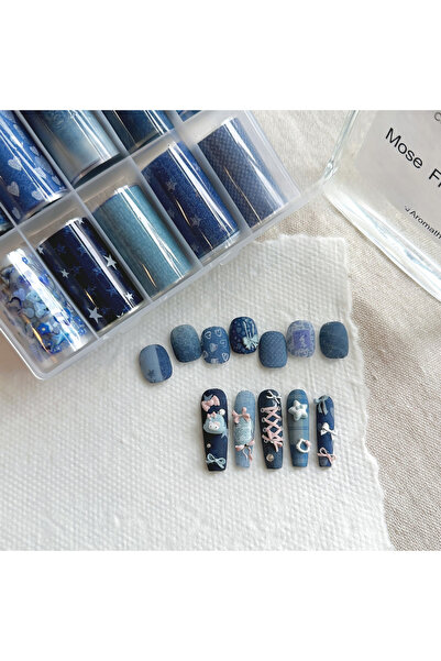 Choice ورق نقل ورقي أزرق جينز، 10 قطع، ورق نقل ورقي لتزيين الأظافر، بنمط شبكي...