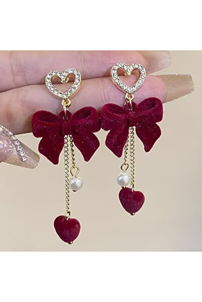 Choice 6 أقراط طويلة حمراء مخملية على شكل فيونكة، ندفة ثلج، نجمة، قلب، مجوهرا...