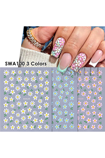 Choice SWA100، 3 ألوان، 3 قطع، أسود، أبيض، ملصقات أظافر لامعة على شكل زهور صغ...