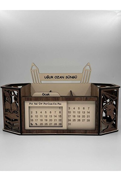 Print Türk Kişiye Özel İsimli Ahşap Masaüstü Organizer - Sonsuz Takvimli Kale...