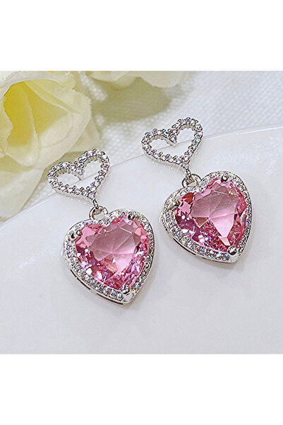 Choice E2273 Huitan Luxury Pink Cubic Zirconia Heart Earrings for Women Silve...