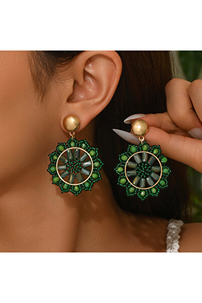 Choice Green Bohemian Vintage Handmade Beaded Sunflower Pendant Earrings Fash...