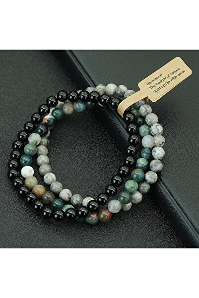 Choice مجموعة أساور من 3 قطع من أحجار السج الأخضر أوبسيديان ماب، بتصميم هيب ه...