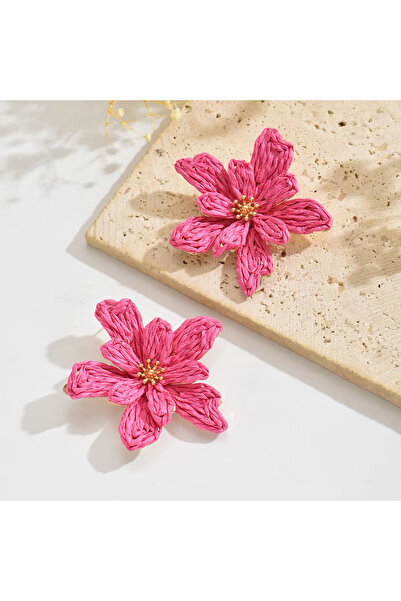 Choice أقراط زهور رقيقة مصنوعة يدويًا من الرافيا باللون الأحمر الوردي، بتصميم...