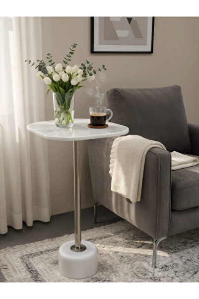 BEC49 Modern marble serving table with a cylindrical base