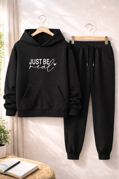 HOFFNUNG Casual Hooded Top and Sweatpants Set - Solid Color Just Be Real Full...