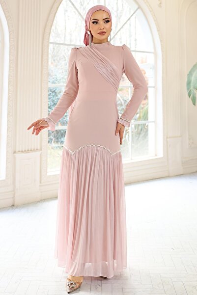 Olcay Krepp-Yoryo-Seiden-Kombinations-Hijab-Abendkleid mit Perlenfalten-Detai...