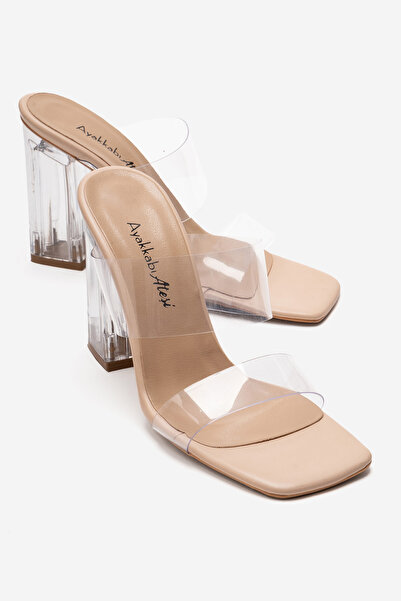 Ayakkabı Ateşi Pantofi cu toc transparent pentru femei, piele bej