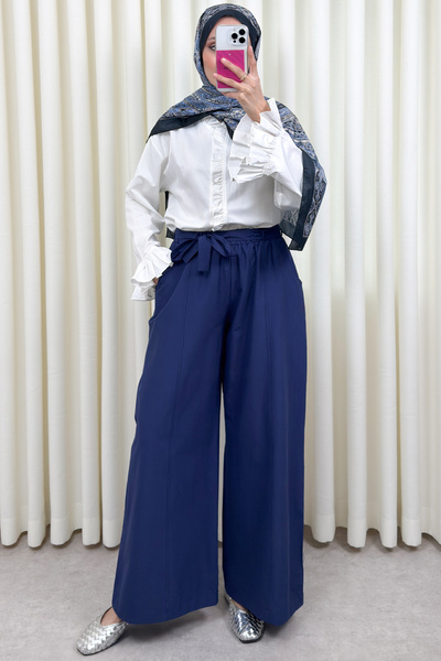 Salih Çelebi بنطلون واسع الساقين بحزام 0068 - أزرق داكن