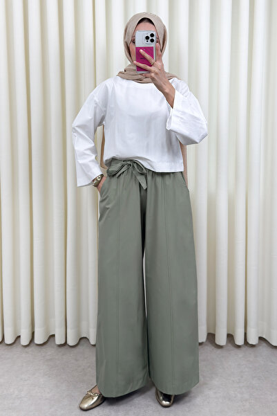 Salih Çelebi Belted Wide Leg Trousers 0068 - Khaki