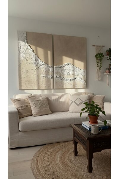 TOZART İskandinav Stil Dokulu El Yapımı 2’Li Tablo – 3D Alçı Sanat – Zamansız...