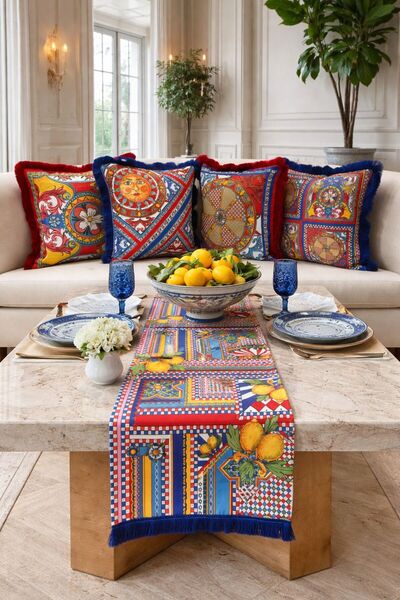 adenkahome Milano Desen Saçaklı 5'li Kombin Kırlent Kılıfı ve Runner Seti