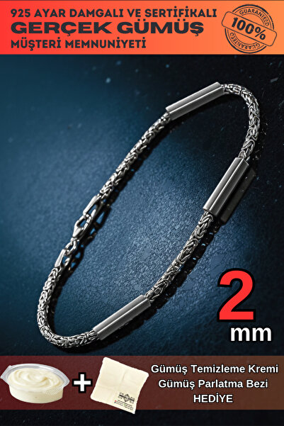 OSMANLI GÜMÜŞ Kare Parçalı Erkek Kral Gümüş Bileklik Künye 2mm Orta Kalınlıkta