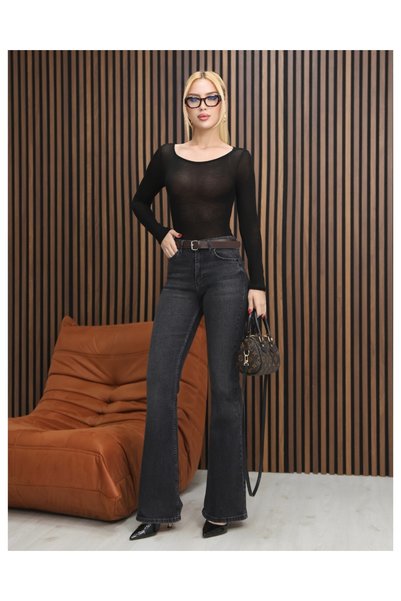 deqfashion Women's Anthracite High Waist Stretch Fabric Flared Jean Trousers