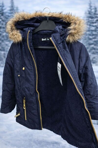 OEM Geacă de iarnă fetiță – Căptușită, cu glugă și blăniță, model bleumarin