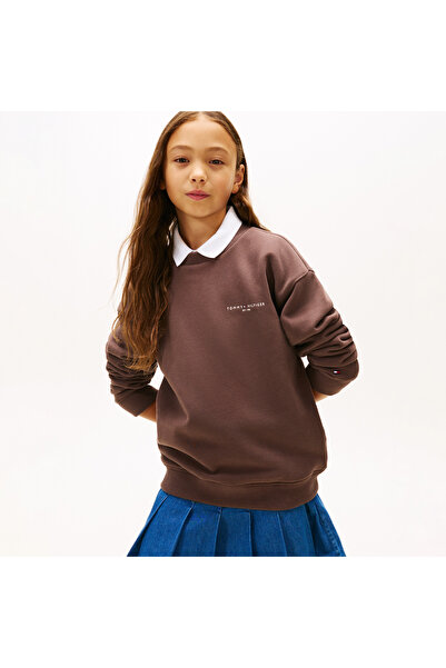 Tommy Hilfiger سويت شيرت ميني كورب للأطفال ذو رقبة على شكل حرف C باللون البني